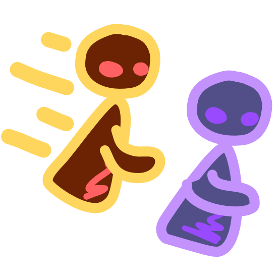 Two figures appear to be running. The first, a brown figure outlined in yellow, sits on the left side of the image, and has brown diagonal lines trailing behind it. The second figure, which is purple, is positioned slightly in front of and below the first figure. The image has light line art. 